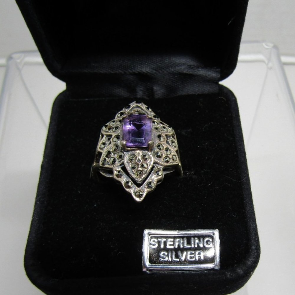 Sterling Silver ring with maracite stones and faux ammethyst stone S-10 in box